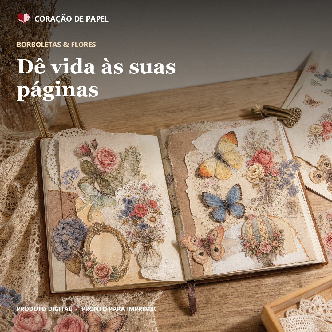 Journal botânico com borboletas e flores